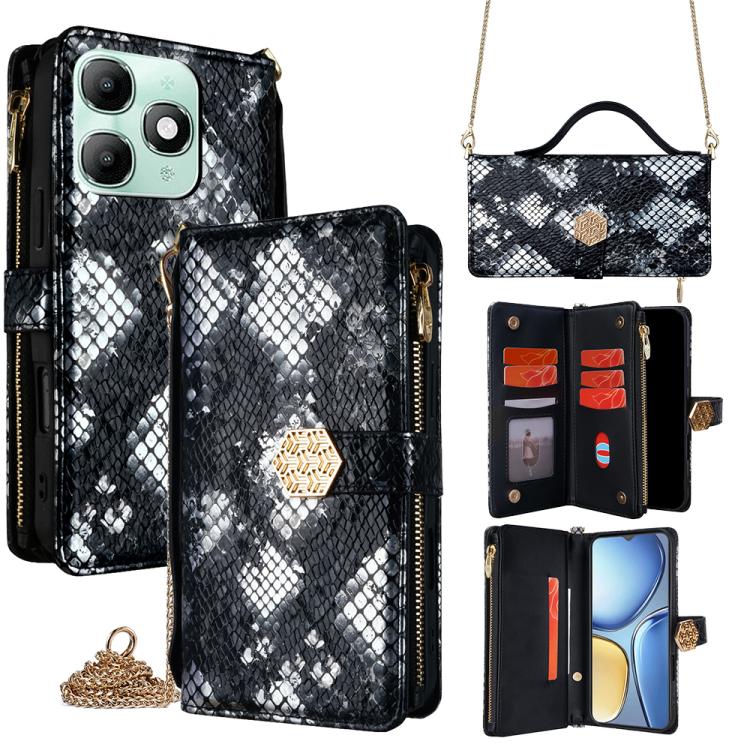 

For itel A90 4G Crossbody Handle Snake Texture Leather Phone Case(Black)