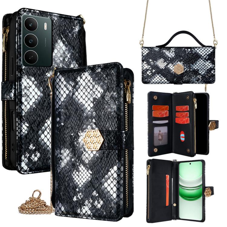

For Realme C71 4G Crossbody Handle Snake Texture Leather Phone Case(Black)