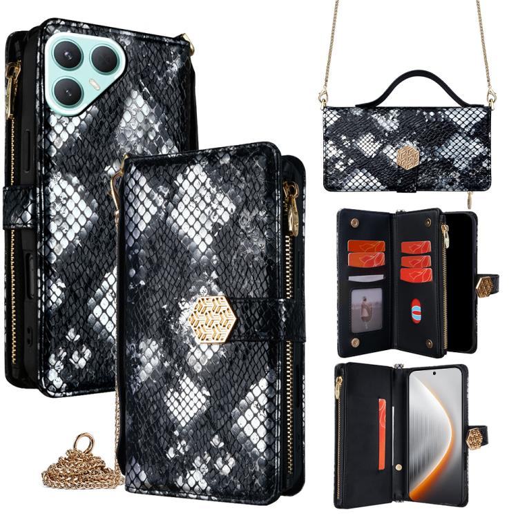 

For Tecno Pova 7 Pro Crossbody Handle Snake Texture Leather Phone Case(Black)