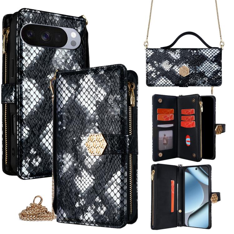 

For Google Pixel 10 Pro XL Crossbody Handle Snake Texture Leather Phone Case(Black)