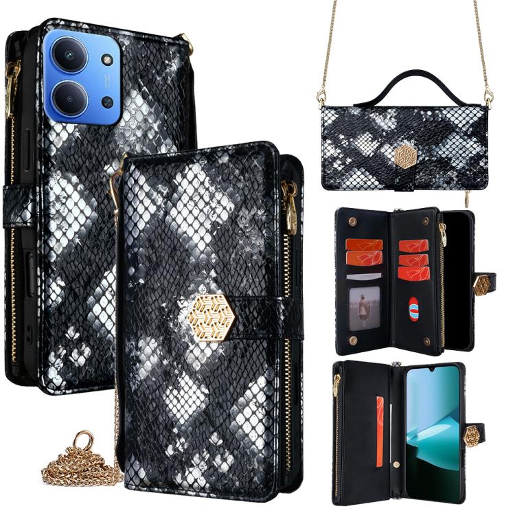 

For Redmi 15C 5G / 4G EU 173mm / Poco C85 5G Crossbody Handle Snake Texture Leather Phone Case(Black)