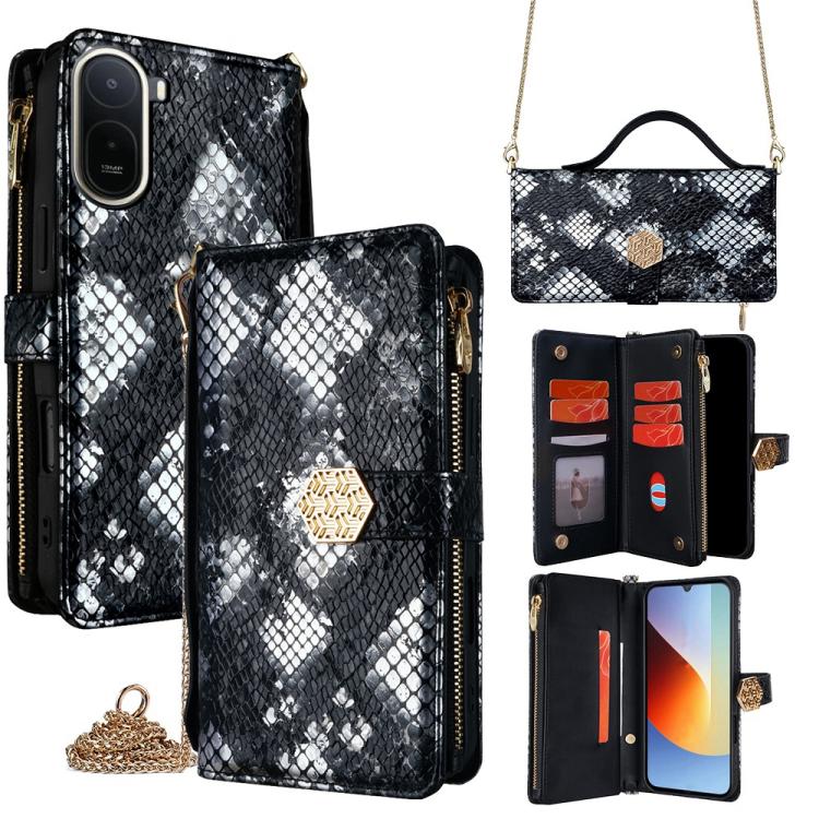 

For Redmi A7 Pro 171mm / Poco C85x 5G Crossbody Handle Snake Texture Leather Phone Case(Black)