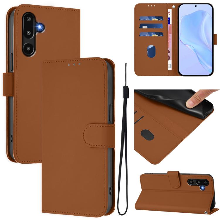 

For Samsung Galaxy F16 5G Global Skin Feel Solid Color Leather Phone Case with Lanyard(Brown)