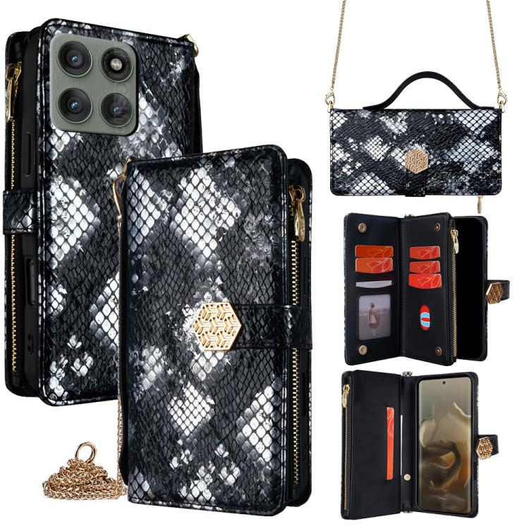 

For Motorola Edge 60 Pro 5G Crossbody Handle Snake Texture Leather Phone Case(Black)