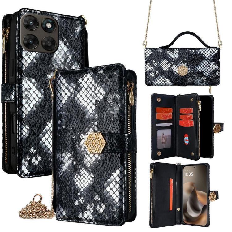 

For Motorola Moto G77 5G Crossbody Handle Snake Texture Leather Phone Case(Black)