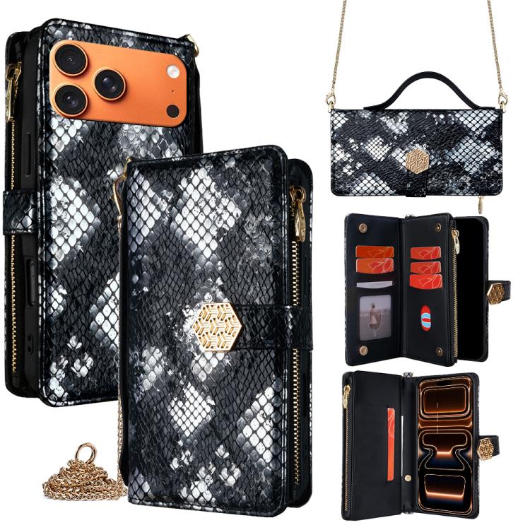 

For iPhone 17 Pro Max Crossbody Handle Snake Texture Leather Phone Case(Black)