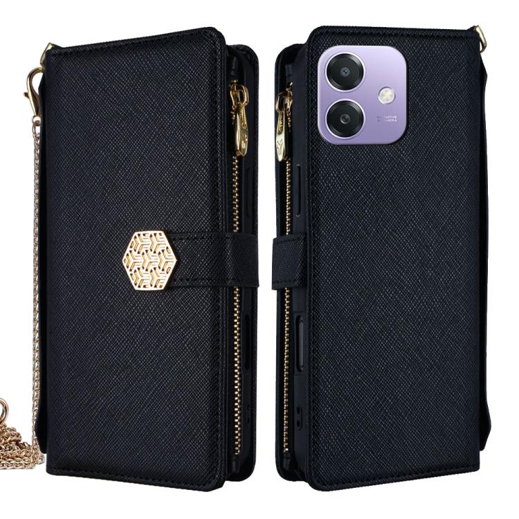 

For OPPO A3x 5G India Crossbody Handle Cross Texture Leather Phone Case(Black)