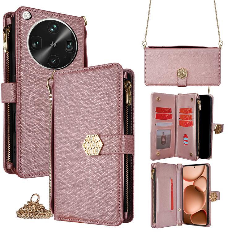 

For OPPO Find X8 Ultra 5G Crossbody Handle Cross Texture Leather Phone Case(Rose Gold)