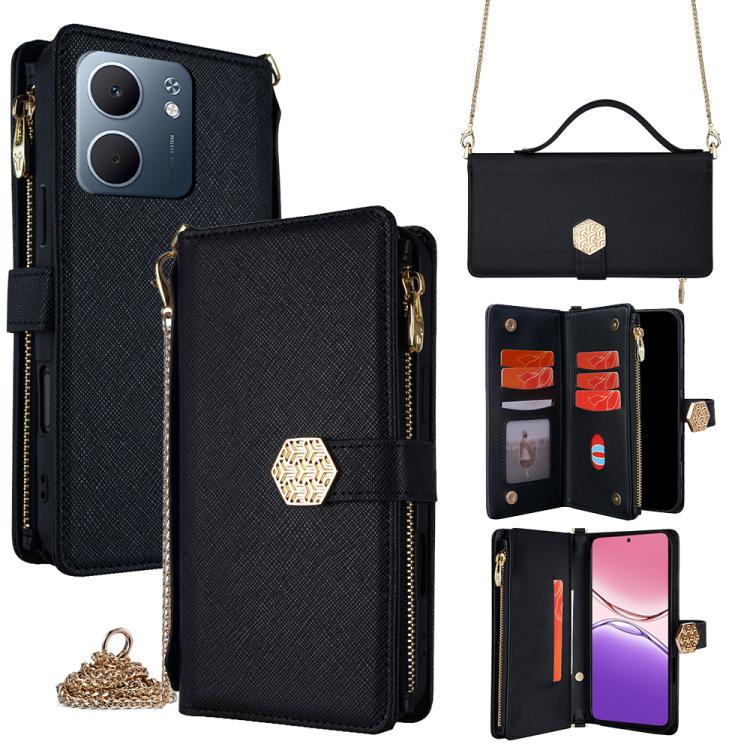 

For OPPO A5x 5G Global Crossbody Handle Cross Texture Leather Phone Case(Black)