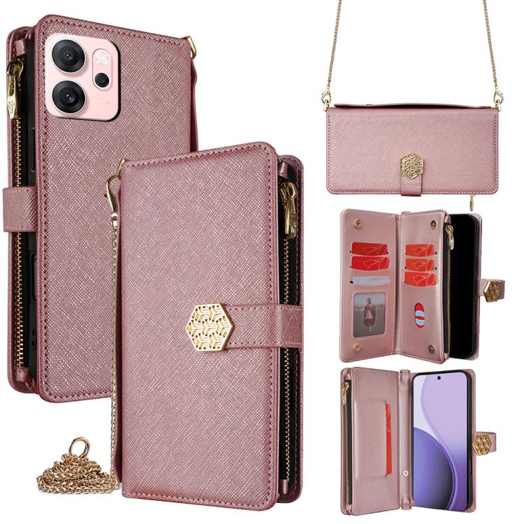 

For OPPO Reno14 F 5G Crossbody Handle Cross Texture Leather Phone Case(Rose Gold)