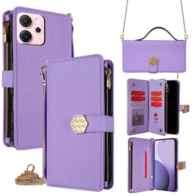 

For OPPO Reno14 F 5G Crossbody Handle Cross Texture Leather Phone Case(Purple)