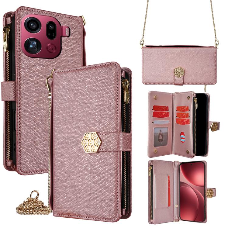 

For OPPO Find X9 Pro 5G Crossbody Handle Cross Texture Leather Phone Case(Rose Gold)