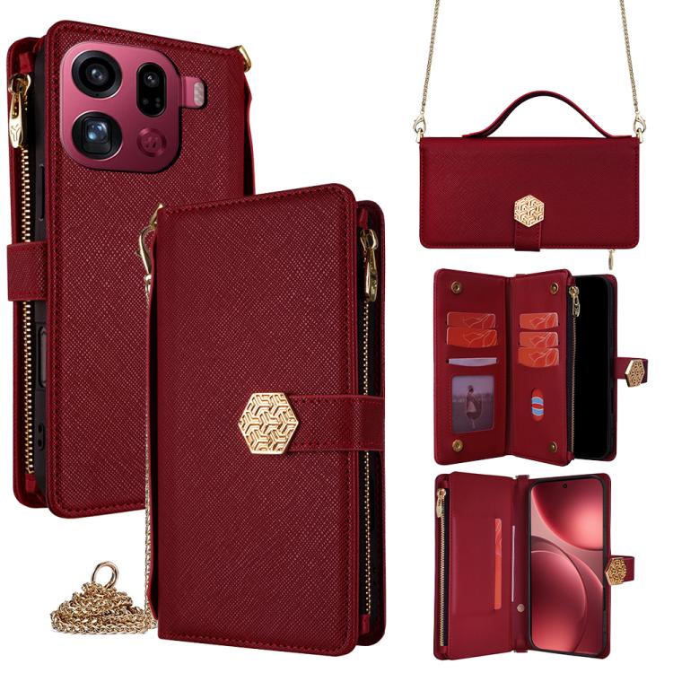 

For OPPO Find X9 Pro 5G Crossbody Handle Cross Texture Leather Phone Case(Red)