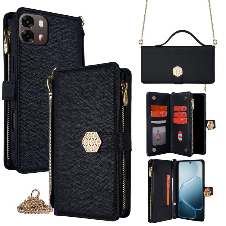

For OPPO A6s 4G Crossbody Handle Cross Texture Leather Phone Case(Black)