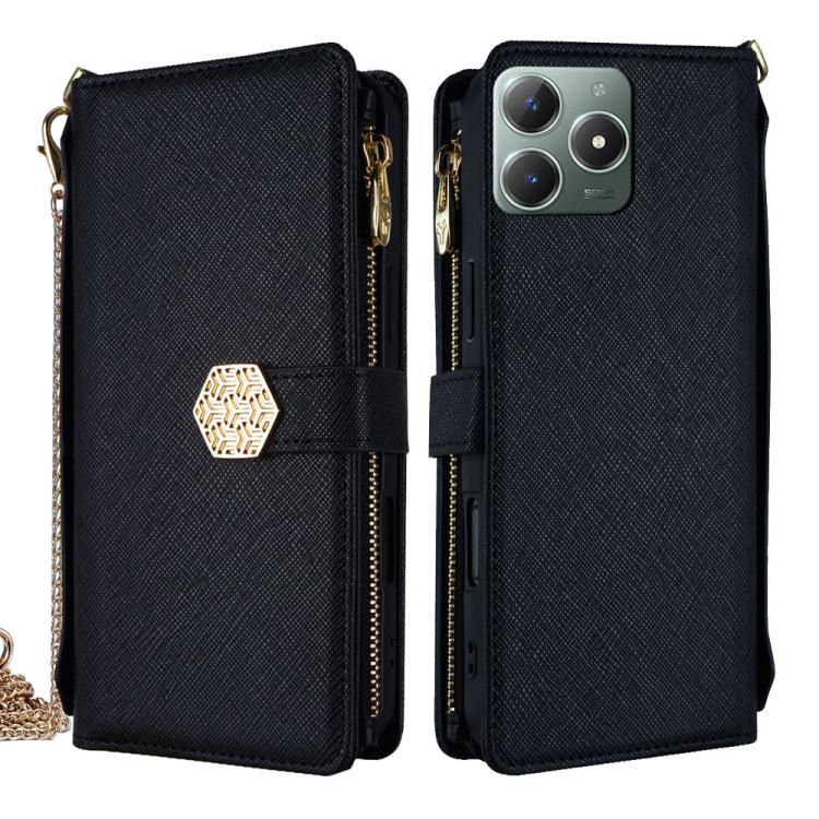 

For Realme C61 4G Crossbody Handle Cross Texture Leather Phone Case(Black)