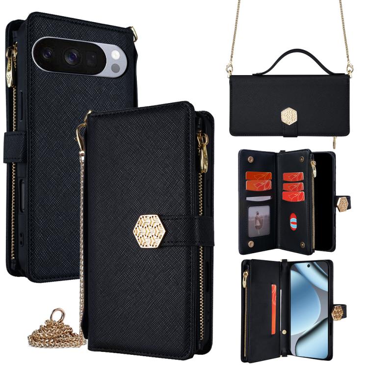 

For Google Pixel 10 Pro XL Crossbody Handle Cross Texture Leather Phone Case(Black)