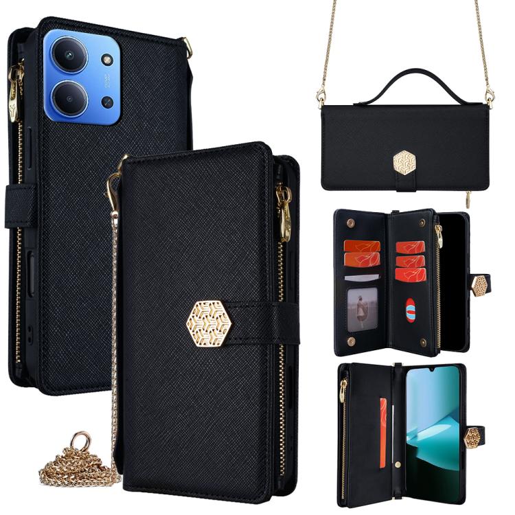 

For Redmi 15C 5G / 4G EU 173mm / Poco C85 5G Crossbody Handle Cross Texture Leather Phone Case(Black)