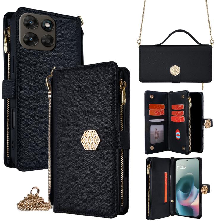 

For Motorola Moto G77 5G Crossbody Handle Cross Texture Leather Phone Case(Black)