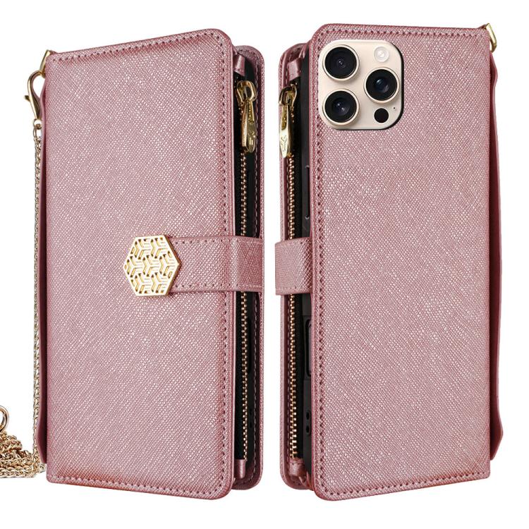 

For iPhone 12 / 12 Pro Crossbody Handle Cross Texture Leather Phone Case(Rose Gold)