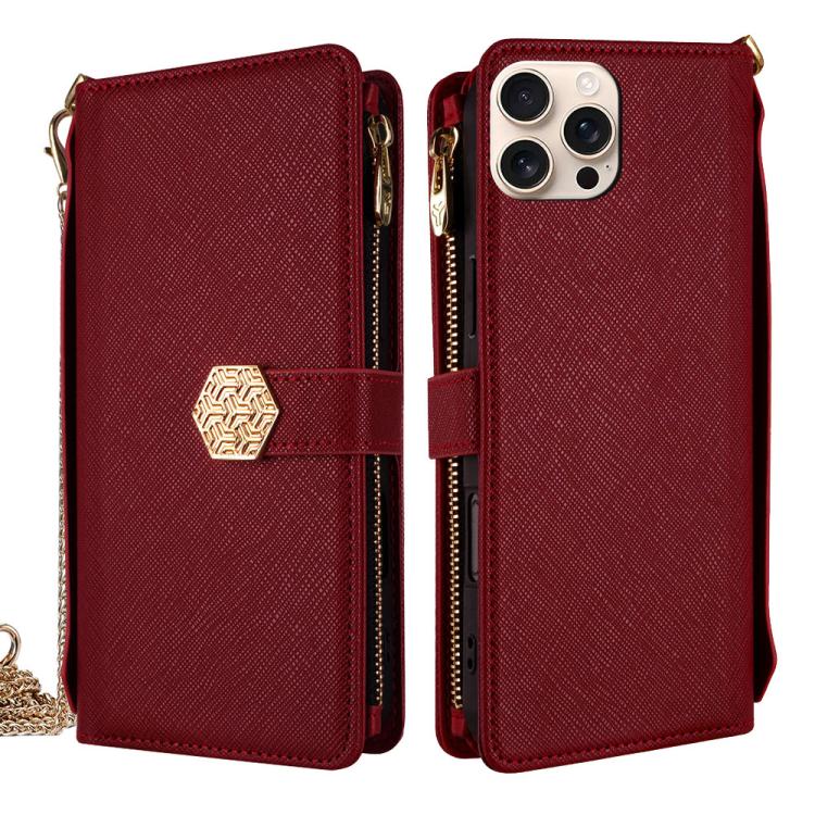 

For iPhone 15 Pro Crossbody Handle Cross Texture Leather Phone Case(Red)
