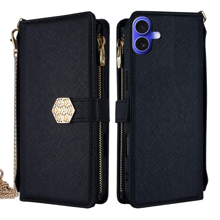 

For iPhone 16 Plus Crossbody Handle Cross Texture Leather Phone Case(Black)