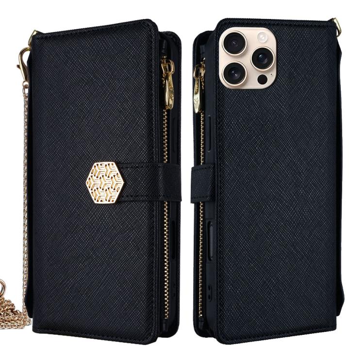 

For iPhone 16 Pro Max Crossbody Handle Cross Texture Leather Phone Case(Black)