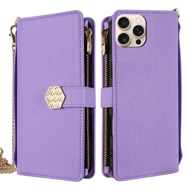 

For iPhone 16 Pro Max Crossbody Handle Cross Texture Leather Phone Case(Purple)