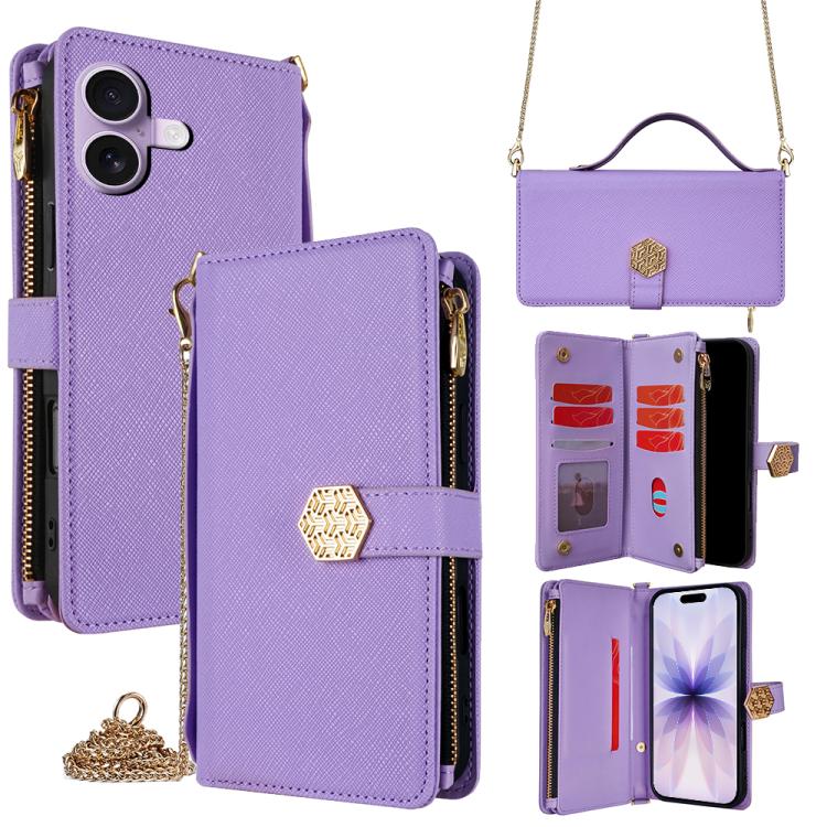

For iPhone 17 Crossbody Handle Cross Texture Leather Phone Case(Purple)
