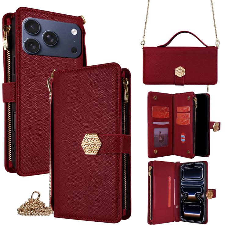 

For iPhone 17 Pro Crossbody Handle Cross Texture Leather Phone Case(Red)