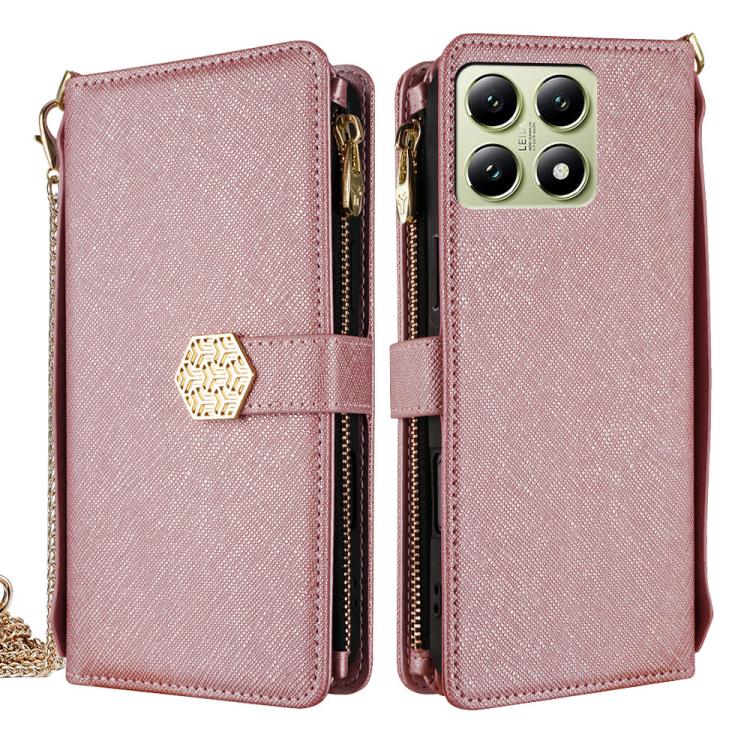 

For Xiaomi 14T 5G Crossbody Handle Cross Texture Leather Phone Case(Rose Gold)