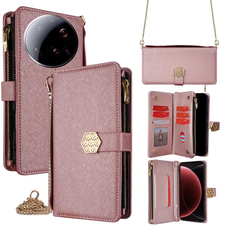 

For Xiaomi 15 Ultra Crossbody Handle Cross Texture Leather Phone Case(Rose Gold)