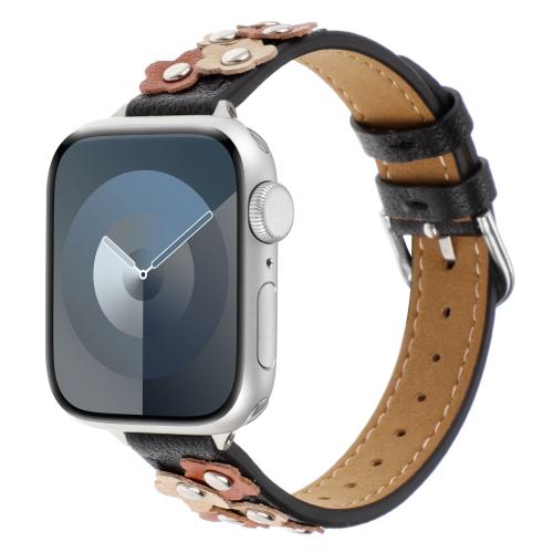 

For Apple Watch 46mm / 49mm / 45mm / 44mm Kalebol Studded Flower Leather Strap(Black)