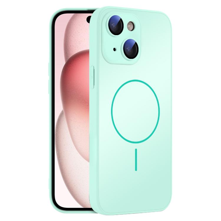 

For iPhone 15 Plus Thin Circle MagSafe Skin-feel AG Glass Phone Case(Light Cyan)