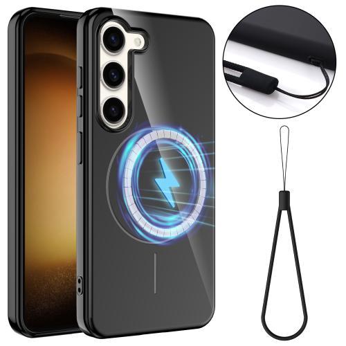 

For Samsung Galaxy S23 5G Glossy TPU Shockproof MagSafe Phone Case with Lanyard(Black)