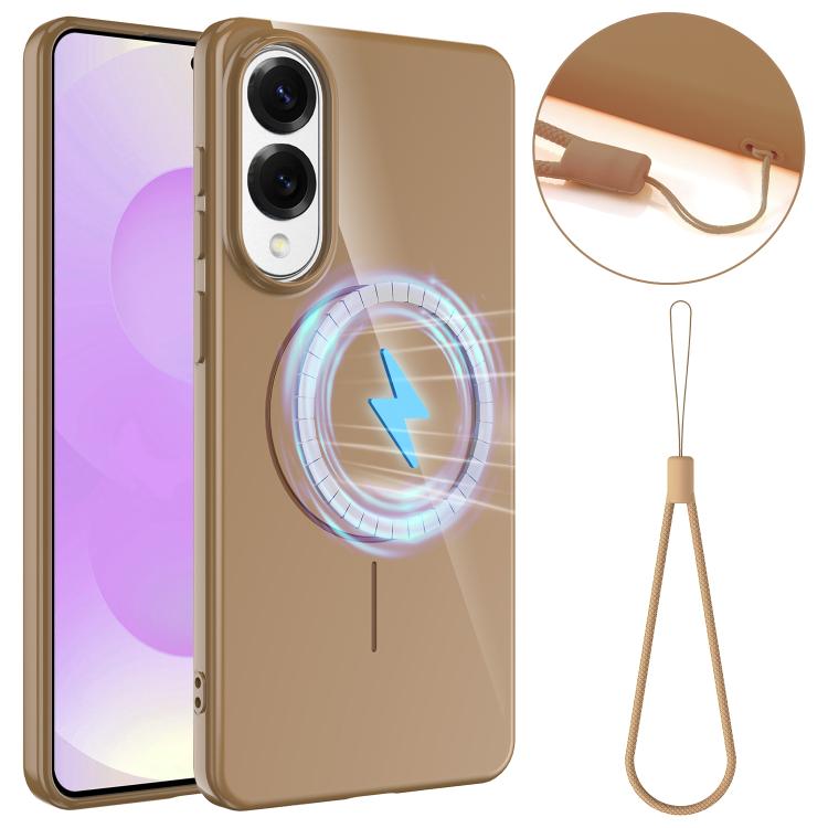 

For Samsung Galaxy S25 Edge 5G Glossy TPU Shockproof MagSafe Phone Case with Lanyard(Gold)