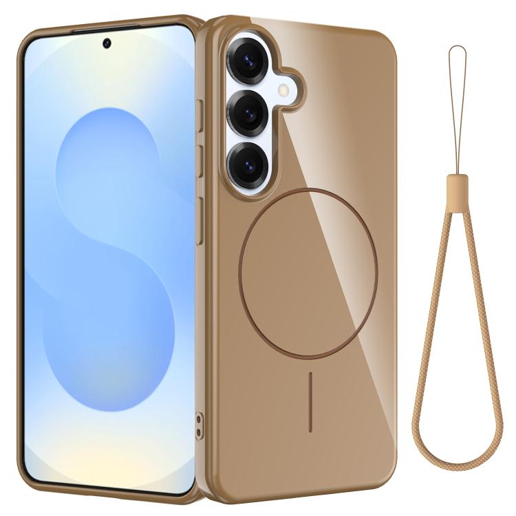 

For Samsung Galaxy S25 FE 5G Glossy TPU Shockproof MagSafe Phone Case with Lanyard(Gold)