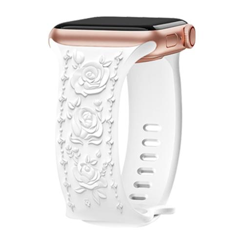 

For Apple Watch 46mm / 49mm / 45mm / 44mm Kalebol 8-shaped Buckle Rose Embossed Silicone Watch Band(White)