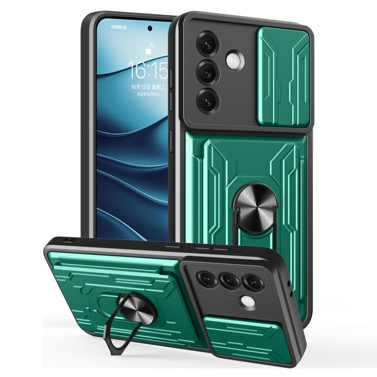 

For Samsung Galaxy S25 5G Sliding Camshield TPU+PC Phone Case with Card Slot(Dark Green)