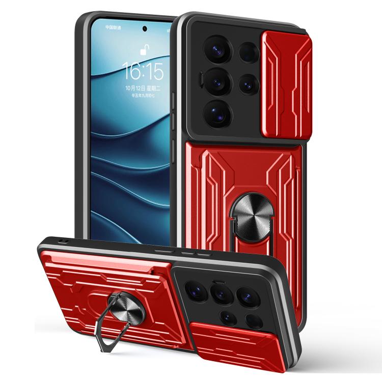 

For Samsung Galaxy S25 Ultra 5G Sliding Camshield TPU+PC Phone Case with Card Slot(Red)