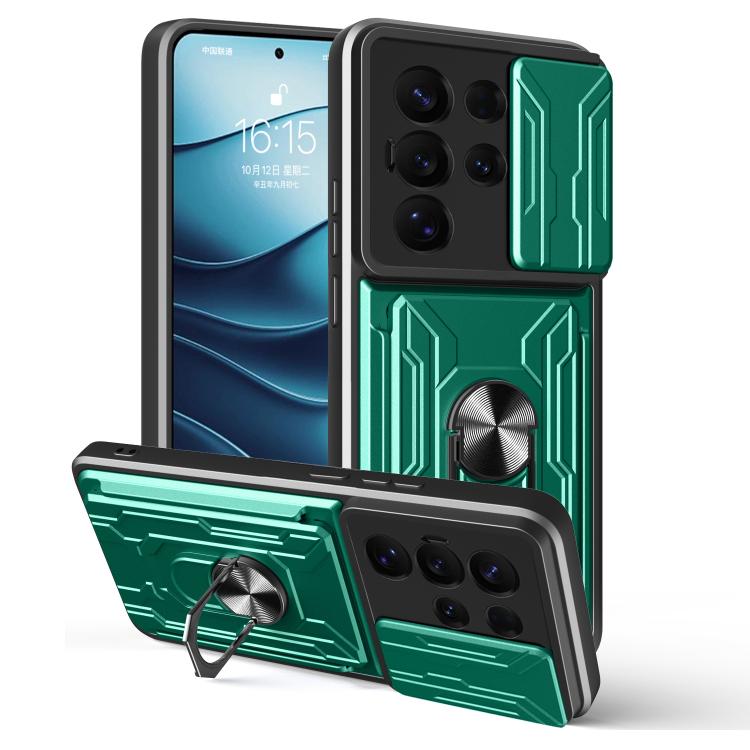 

For Samsung Galaxy S25 Ultra 5G Sliding Camshield TPU+PC Phone Case with Card Slot(Dark Green)