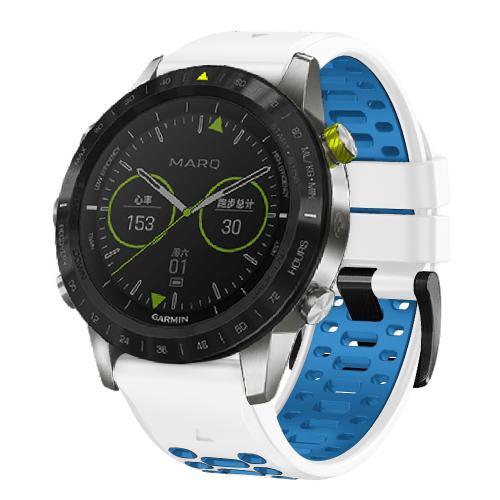 

For Garmin Fenix 7X 26mm Kalebol Three Rows Hole Two Color Silicone Watch Band(White Blue)
