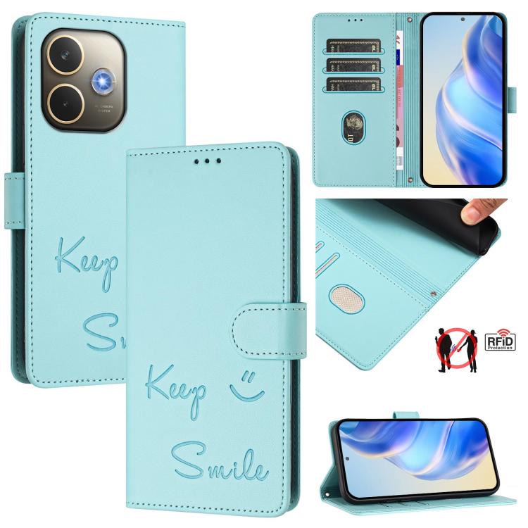 

For OPPO A5 Pro 5G Global Smile Embossing RFID Leather Phone Case(Mint Green)