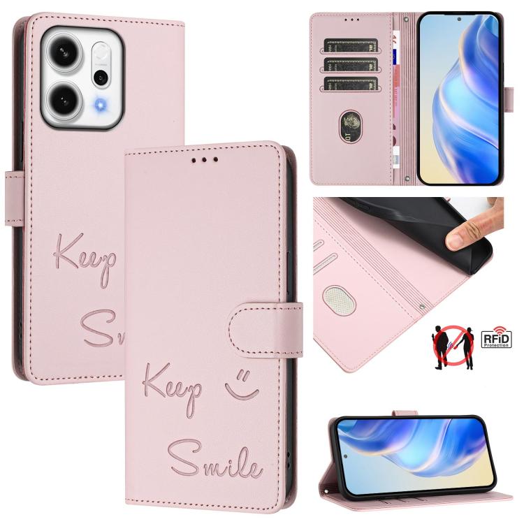 

For OPPO Reno14 Global Smile Embossing RFID Leather Phone Case(Pink)