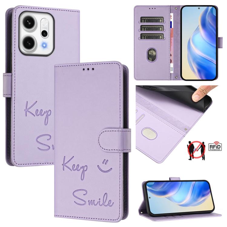 

For OPPO Reno14 Global Smile Embossing RFID Leather Phone Case(Light Purple)