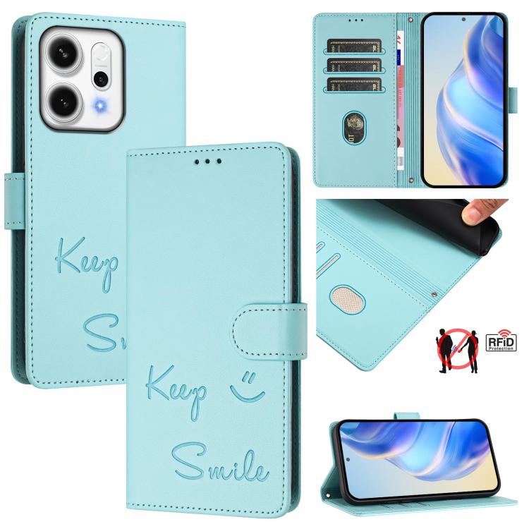 

For OPPO Reno14 Pro Global Smile Embossing RFID Leather Phone Case(Mint Green)