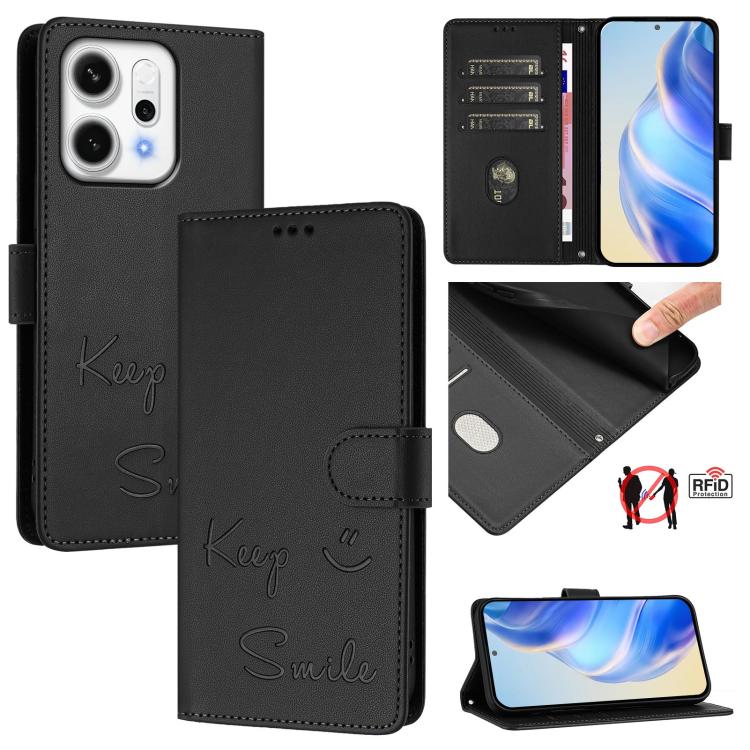 

For OPPO Reno14 Pro Global Smile Embossing RFID Leather Phone Case(Black)
