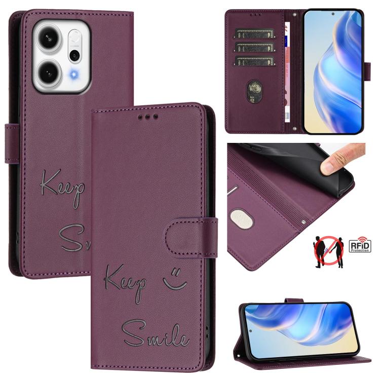 

For OPPO Reno14 Pro Global Smile Embossing RFID Leather Phone Case(Violet)