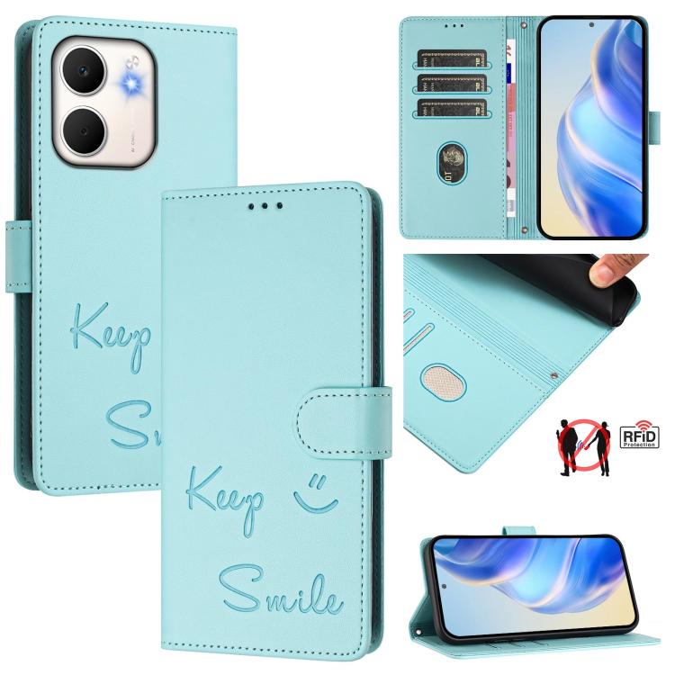 

For OPPO A5x 5G / 4G Global Smile Embossing RFID Leather Phone Case(Mint Green)