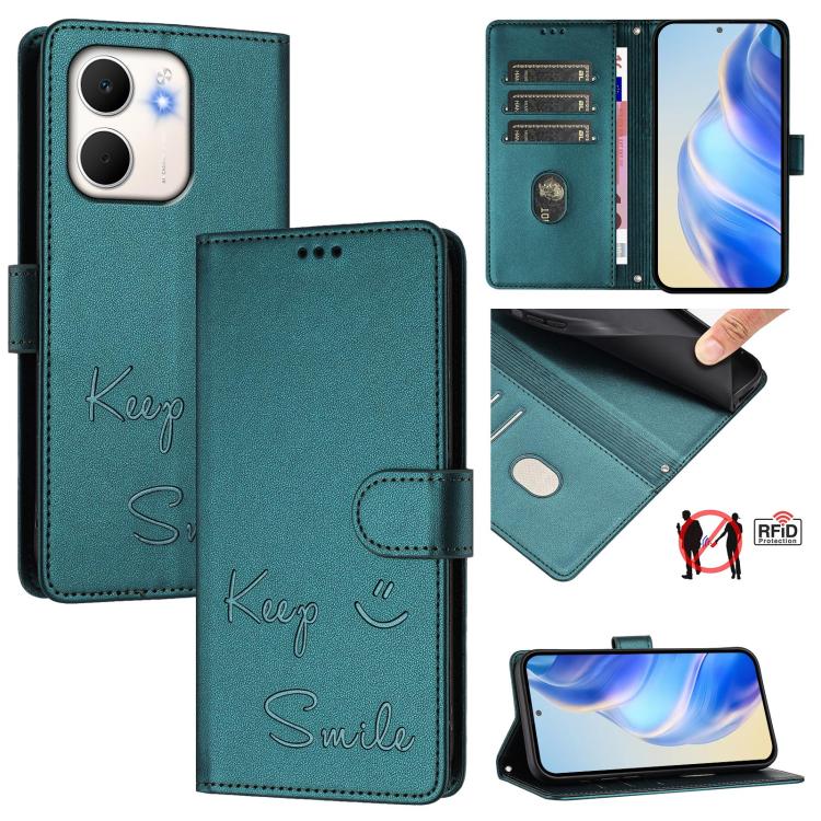 

For OPPO A5x 5G / 4G Global Smile Embossing RFID Leather Phone Case(Peacock Green)
