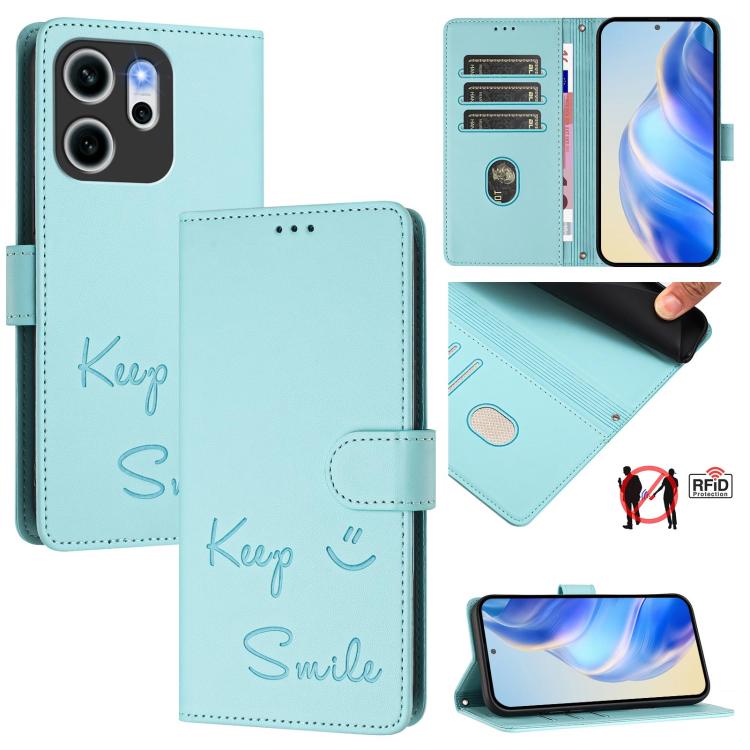 

For OPPO Reno14 F 5G Smile Embossing RFID Leather Phone Case(Mint Green)